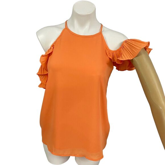 Shinestar Top Womens Small Orange Ruffle Fall Harvest Cold Shoulder Work Office - Picture 6 of 16